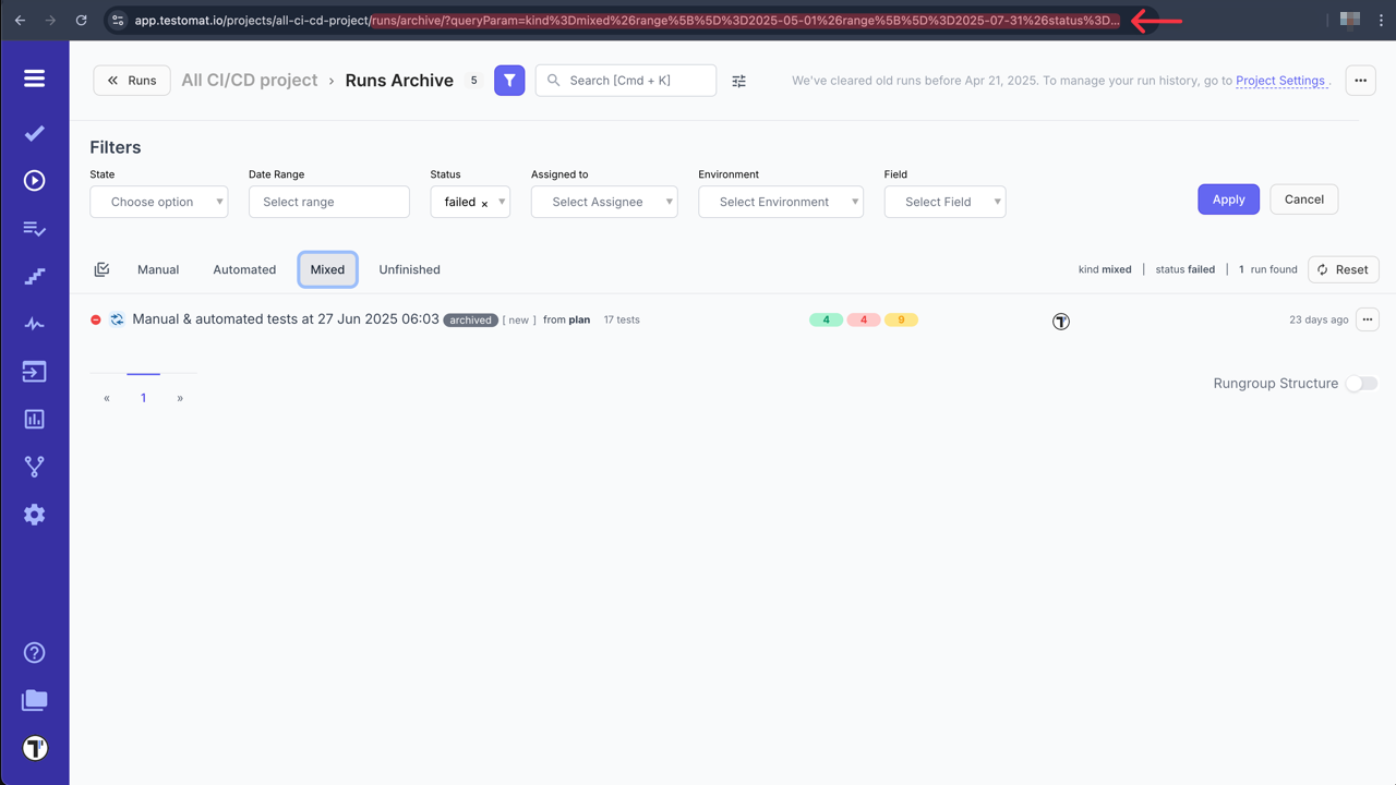 Testomatio.io - Share Runs Filter